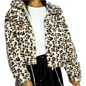 Victoria's Secret Know One Cares Faux Fur Cropped Jacket Animal Print Size Large